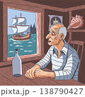 Old sailor sitting in wooden tavern by window vector illustration 138790427