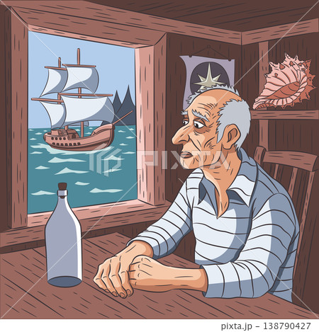 Old sailor sitting in wooden tavern by window vector illustration Old sailor sitting in wooden tavern by window vector illustration 138790427