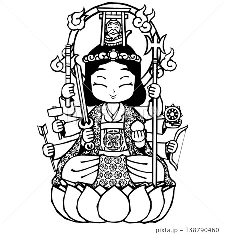 八臂弁財天（笑・モノクロ【頭光が小さい版】 138790460