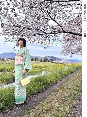 川沿いの桜の木の下でお花見する着物姿の人 川沿いの桜の木の下でお花見する着物姿の人 138790466