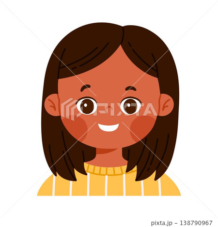Cute happy girl character smiling. Facial expression concept. Friendly child avatar with positive emotion. Kid apps and emotions education concept. Isolated vector illustration in cartoon style Cute happy girl character smiling. Facial expression concept. Friendly child avatar with positive emotion. Kid apps and emotions education concept. Isolated vector illustration in cartoon style 138790967