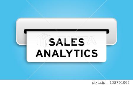 White coupon banner with word sales analytics from machine on blue color background 138791065