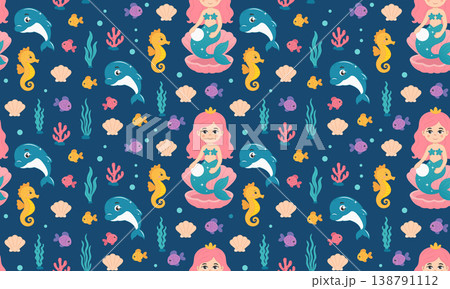 Seamless pattern with mermaid, dolphins and seahorses on blue background Seamless pattern with mermaid, dolphins and seahorses on blue background 138791112