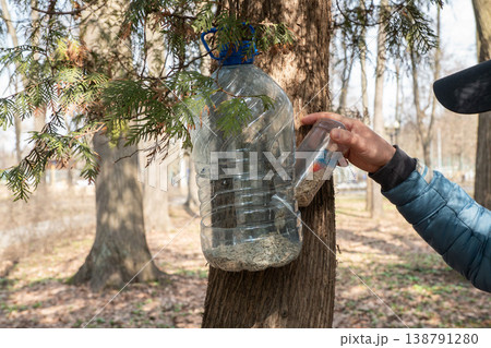 Hand filling homemade bird feeder made from plastic bottle with sunflower seeds attached to tree in park. Bird feeding, wildlife care, recycling concept, outdoor nature Hand filling homemade bird feeder made from plastic bottle with sunflower seeds attached to tree in park. Bird feeding, wildlife care, recycling concept, outdoor nature 138791280