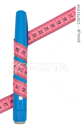 GLP-1 injection pen wrapped with measuring tape vertical isolated on clean background GLP-1 injection pen wrapped with measuring tape vertical isolated on clean background 138791458