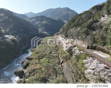 大歩危駅 桜と渓谷 青空快晴春風景 写真素材 138791466