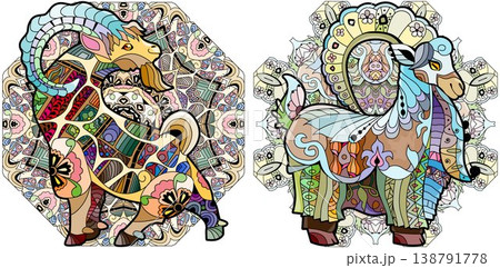Set of decorative goats. Hand drawn decorative vector illustration on mandala Set of decorative goats. Hand drawn decorative vector illustration on mandala 138791778