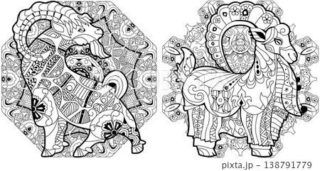 Set of decorative goats. Hand drawn decorative vector illustration for coloring on mandalas Set of decorative goats. Hand drawn decorative vector illustration for coloring on mandalas 138791779