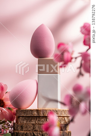 Makeup drops and sponge with pink flowers on soft background 138792276