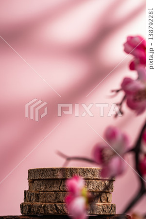 Wood podium with pink flowers on soft pastel background Wood podium with pink flowers on soft pastel background 138792281