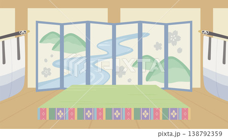 寝殿造の部屋の背景イラスト_青_16:9 138792359