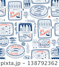 Blue Portuguese sardines cans seamless pattern. Vector la dolce vita print with line drawing fish tins. 138792362