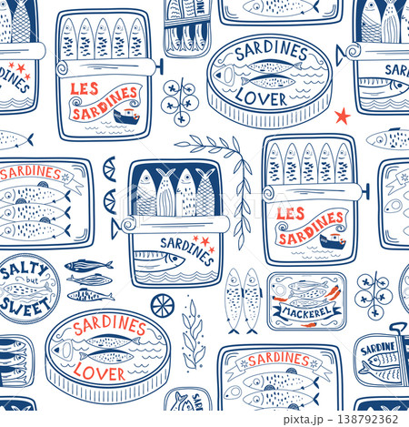 Blue Portuguese sardines cans seamless pattern. Vector la dolce vita print with line drawing fish tins. Blue Portuguese sardines cans seamless pattern. Vector la dolce vita print with line drawing fish tins. 138792362