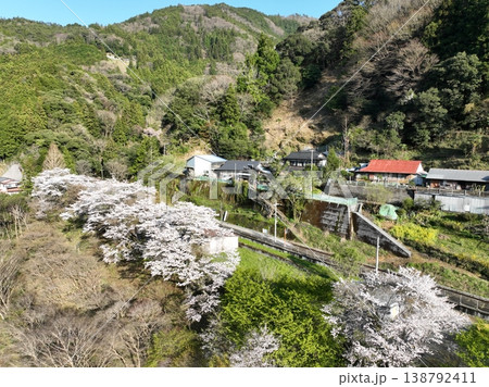 土佐穴内駅 桜と穴内川 青空春風景 空撮写真 土佐穴内駅 桜と穴内川 青空春風景 空撮写真 138792411