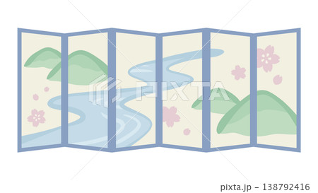 山と川の風景が描かれたかわいい屏風のイラスト素材 138792416