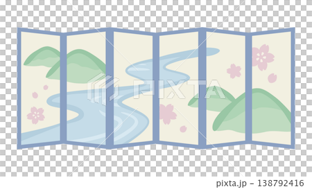 山と川の風景が描かれたかわいい屏風のイラスト素材 138792416