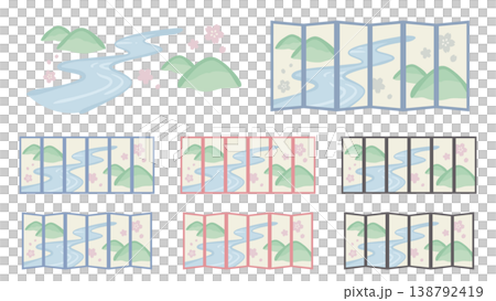 A set of cute folding screen illustrations depicting mountain and river scenery. A set of cute folding screen illustrations depicting mountain and river scenery. 138792419
