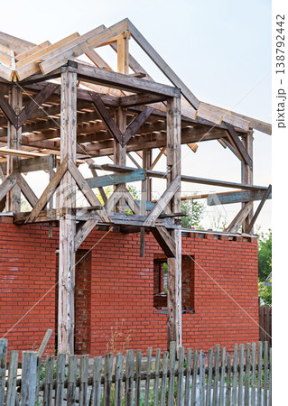 Construction site of an unfinished entrance area of an abandoned cottage in rural setting Construction site of an unfinished entrance area of an abandoned cottage in rural setting 138792442