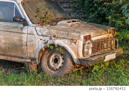 Old dirty SUV lit by evening light with tree growing through it shows the strength of nature Old dirty SUV lit by evening light with tree growing through it shows the strength of nature 138792452