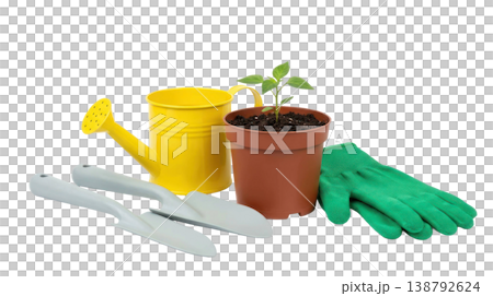 Gardening tools including a yellow watering can, green gloves, and a potted plant with soil isolated on a transparent background 138792624