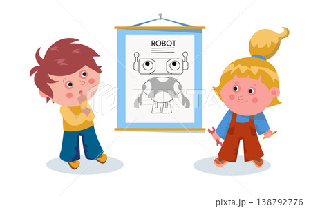 Cute little engineers with robot blueprint kids studying tech scheme isolated on white. Young inventors engaged in project boy and girl preparing for robot assembly. 138792776