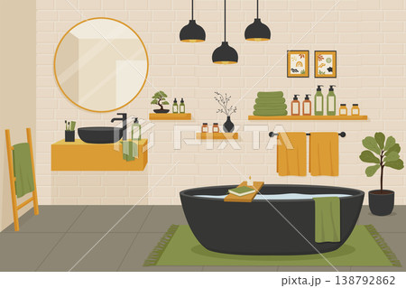 Modern Japandi bathroom interior with black bathtub and sink vector illustration. Modern Japandi bathroom interior with black bathtub and sink vector illustration. 138792862