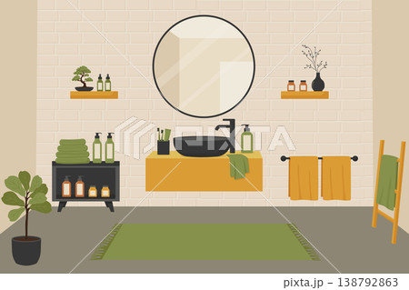 Modern Japandi bathroom interior with washbasin and round mirror vector illustration. Modern Japandi bathroom interior with washbasin and round mirror vector illustration. 138792863