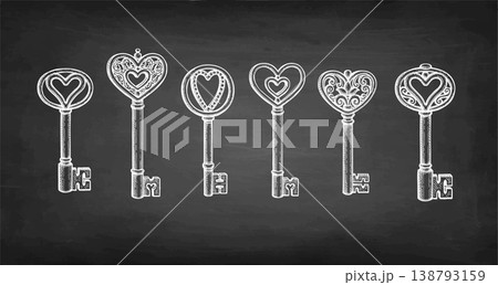 Heart shaped keys. Big set of chalk sketches. Heart shaped keys. Big set of chalk sketches. 138793159