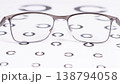 Silver-framed eyeglasses sit atop a visual acuity chart 138794058