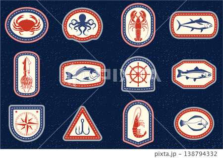 Nautical and seafood embroidery patch set vector collection with fish crab lobster shrimp octopus anchor compass and ship wheel marine badges isolated on denim background Nautical and seafood embroidery patch set vector collection with fish crab lobster shrimp octopus anchor compass and ship wheel marine badges isolated on denim background 138794332