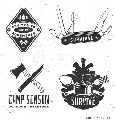 Survival and bushcraft set vector collection with multitool knife axe and camping food outdoor adventure equipment vintage design for t shirt poster sticker isolated background 138794341