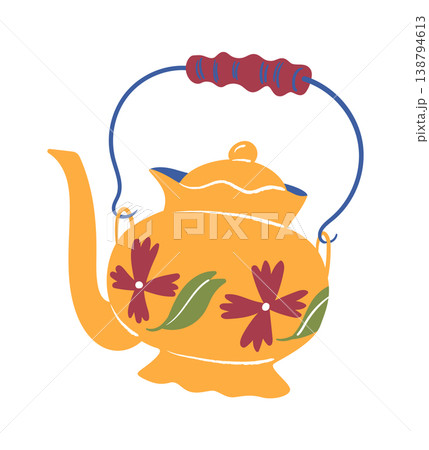 Teapot With Floral Pattern Cartoon Style 138794613