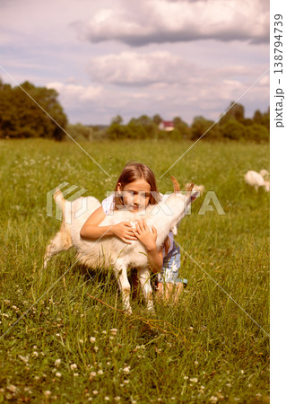 Girl cradling a baby goat in her arms, surrounded by a lush green field, basking in the warmth of a sunny day 138794739