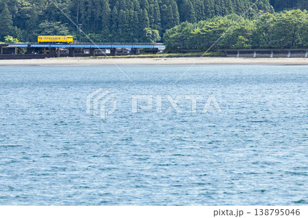 宮崎県日南市の大堂津海水浴場に流れ込む細田川に架かる鉄橋を走る黄色いキハ40 138795046
