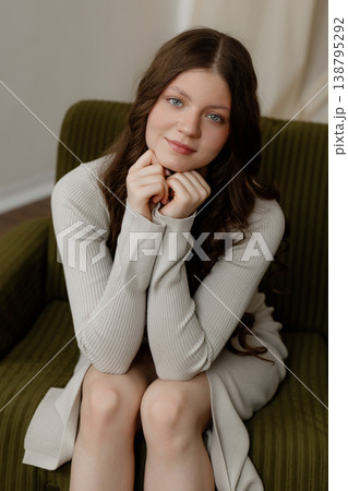 Warm Professional Friendliness. Approachable Female Leaning Closer With Welcoming Expression Warm Professional Friendliness. Approachable Female Leaning Closer With Welcoming Expression 138795292