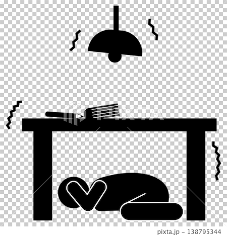 地震時,一個人躲在桌子底下的單色象形圖 - 防災 地震時,一個人躲在桌子底下的單色象形圖 - 防災 138795344