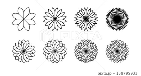 Set of elegant flower icons isolated on white background. Floral spirograph shapes. Sunflower, lotus or chrysanthemum petals top view. Simple mandala elements. Vector graphic illustration Set of elegant flower icons isolated on white background. Floral spirograph shapes. Sunflower, lotus or chrysanthemum petals top view. Simple mandala elements. Vector graphic illustration 138795933