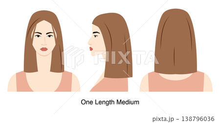 One Length Medium hairstyle vector front back profile views, straight medium hair structure for beauty salon hairdresser 138796036