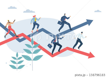 Business competition concept, Competition among employees or competitors to win or increase efficiency. Businessman and women running on arrow graph. Vector design illustration. Business competition concept, Competition among employees or competitors to win or increase efficiency. Businessman and women running on arrow graph. Vector design illustration. 138796183