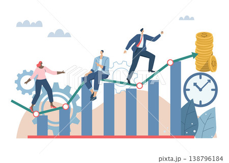 Effective teamwork, career growth, profit, or improvement approaches, career development concept, symbol of teamwork, Businessmen work together to push the arrow graph up. Vector design illustration. Effective teamwork, career growth, profit, or improvement approaches, career development concept, symbol of teamwork, Businessmen work together to push the arrow graph up. Vector design illustration. 138796184