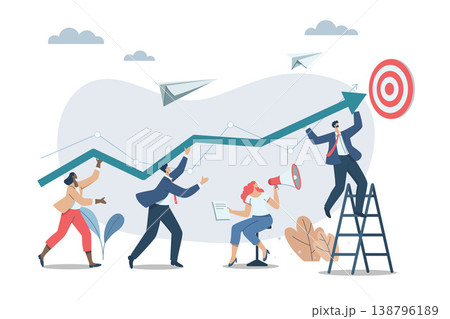 Effective teamwork, career growth, profit, or improvement approaches, career development concept, symbol of teamwork, Businessmen work together to push the arrow graph up. Vector design illustration. Effective teamwork, career growth, profit, or improvement approaches, career development concept, symbol of teamwork, Businessmen work together to push the arrow graph up. Vector design illustration. 138796189