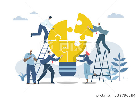 Effective teamwork, problem solving, or ways to improve, career development concept, symbol of teamwork, Business people work together to complete the light bulb jigsaw puzzle in harmony. Effective teamwork, problem solving, or ways to improve, career development concept, symbol of teamwork, Business people work together to complete the light bulb jigsaw puzzle in harmony. 138796394