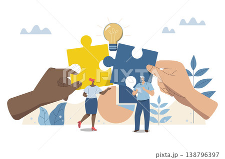 Effective teamwork, problem solving, or ways to improve, career development concept, symbol of teamwork, Business people work together to complete jigsaw puzzle in harmony. Effective teamwork, problem solving, or ways to improve, career development concept, symbol of teamwork, Business people work together to complete jigsaw puzzle in harmony. 138796397