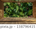 Minimalist empty wooden terrace with a matching wooden ceiling and a green nature background 3d render. 138796415