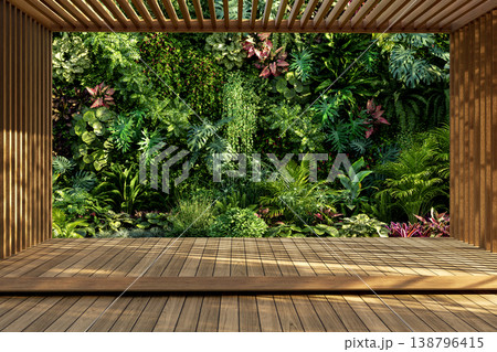 Minimalist empty wooden terrace with a matching wooden ceiling and a green nature background 3d render. 138796415
