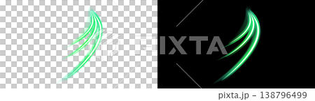 A curved trail of green light on a transparent background and a black background. 138796499