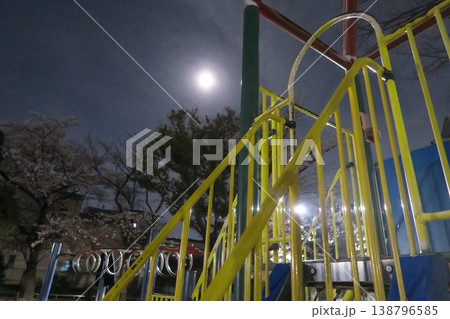 ライトアップされた夜桜をピンクムーン満月が照らす ライトアップされた夜桜をピンクムーン満月が照らす 138796585