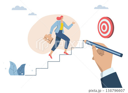 Business leaders or corporate consultants provide advice and assistance to the company's employees. Leading you to business success, Big hand uses pencil to draw stairs helping businesswoman walk up. Business leaders or corporate consultants provide advice and assistance to the company's employees. Leading you to business success, Big hand uses pencil to draw stairs helping businesswoman walk up. 138796607