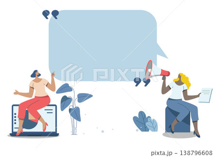 Important announcements, advertisements from company to make organization or important target groups aware. Empty space for text or talking business concept. Business woman using megaphone to speech. 138796608
