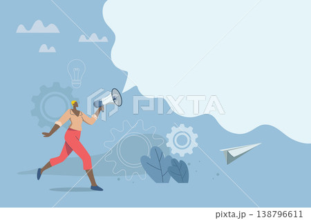 advertisements from company to make organization or important target groups aware. Empty space for text or talking business concept. Business woman using megaphone to speech. 138796611